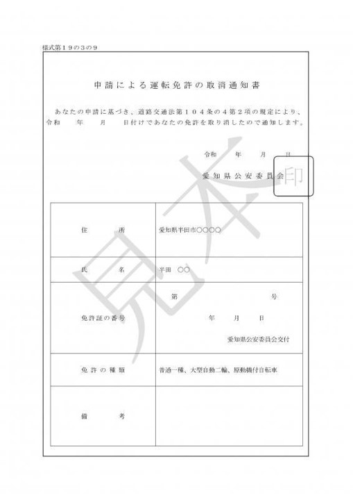 取消通知書（見本）